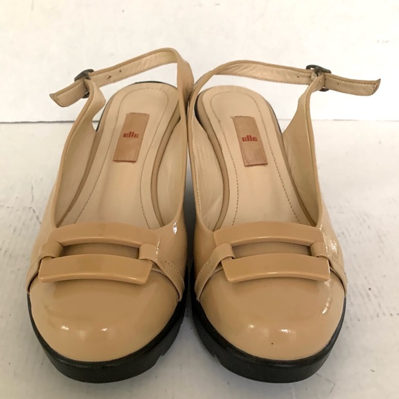 Natural tan patent leather slingback platform wedges buckle accent Eur 40 US 10 - Picture 2 of 13
